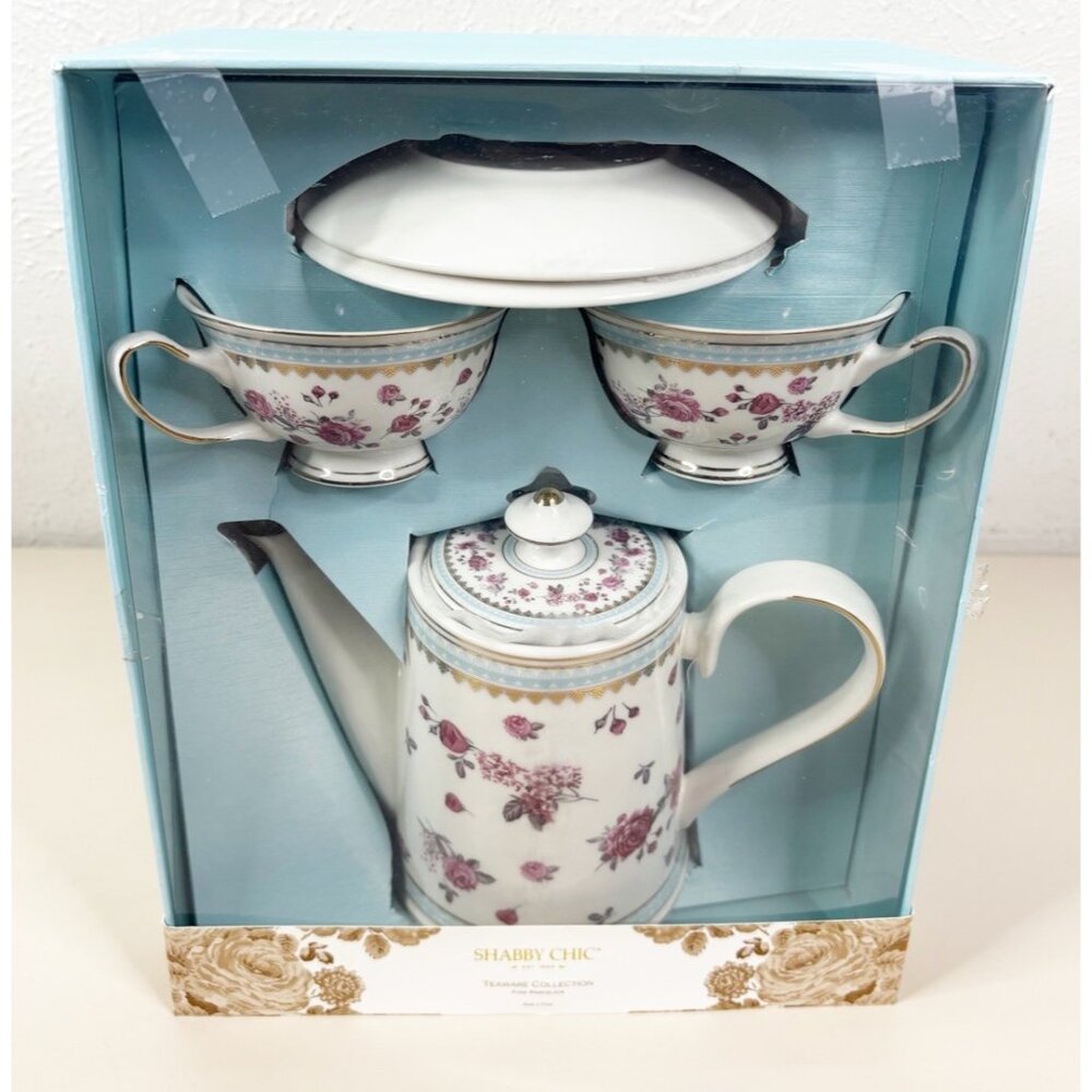 Shabby Chic Pink Rose Blue Trim Tea Set (34 Oz Teapot, 2 Cups & Saucers) New